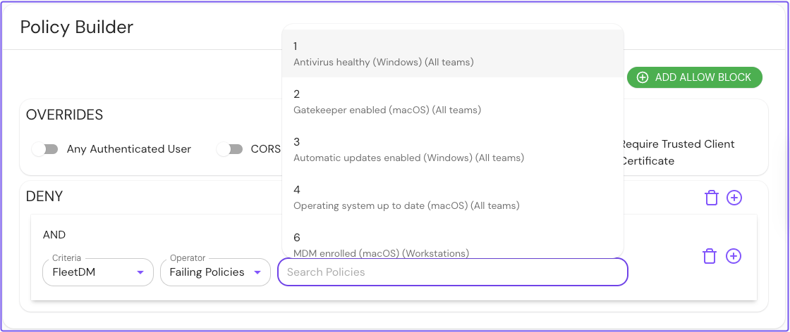 Building a policy in the PPL builder using FleetDM criteria